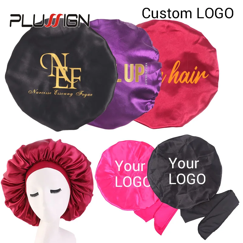 Custom Logo Satin Bonnet Queen Hot Pink Hair Silk Satin Bonnet With Tie Sleep Bonnet Night Cap With Wide Stretchy Band For Women