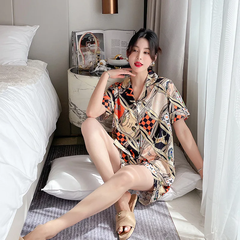 New pajamas women's ice silk short-sleeved shorts large size thin section simple loose can be worn outside the home clothes suit