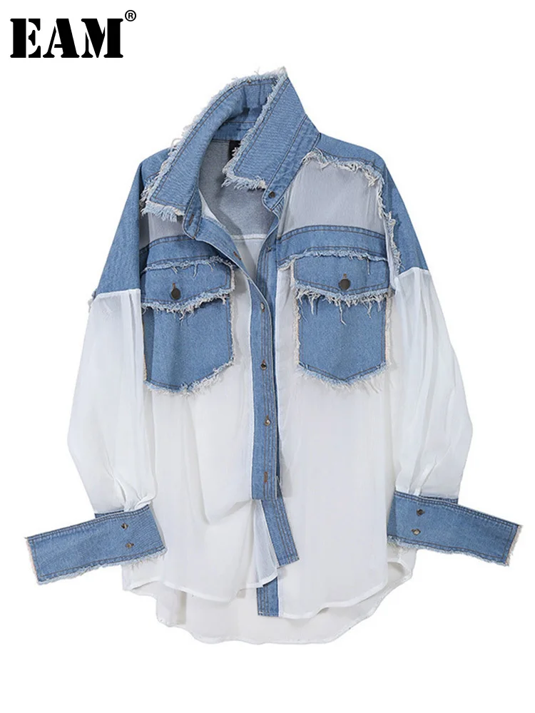 

[EAM] Women Chiffon Burrs Denim Big Size Blouse New Lapel Long Sleeve Loose Fit Shirt Fashion Tide Spring Autumn 2022 1DD12730