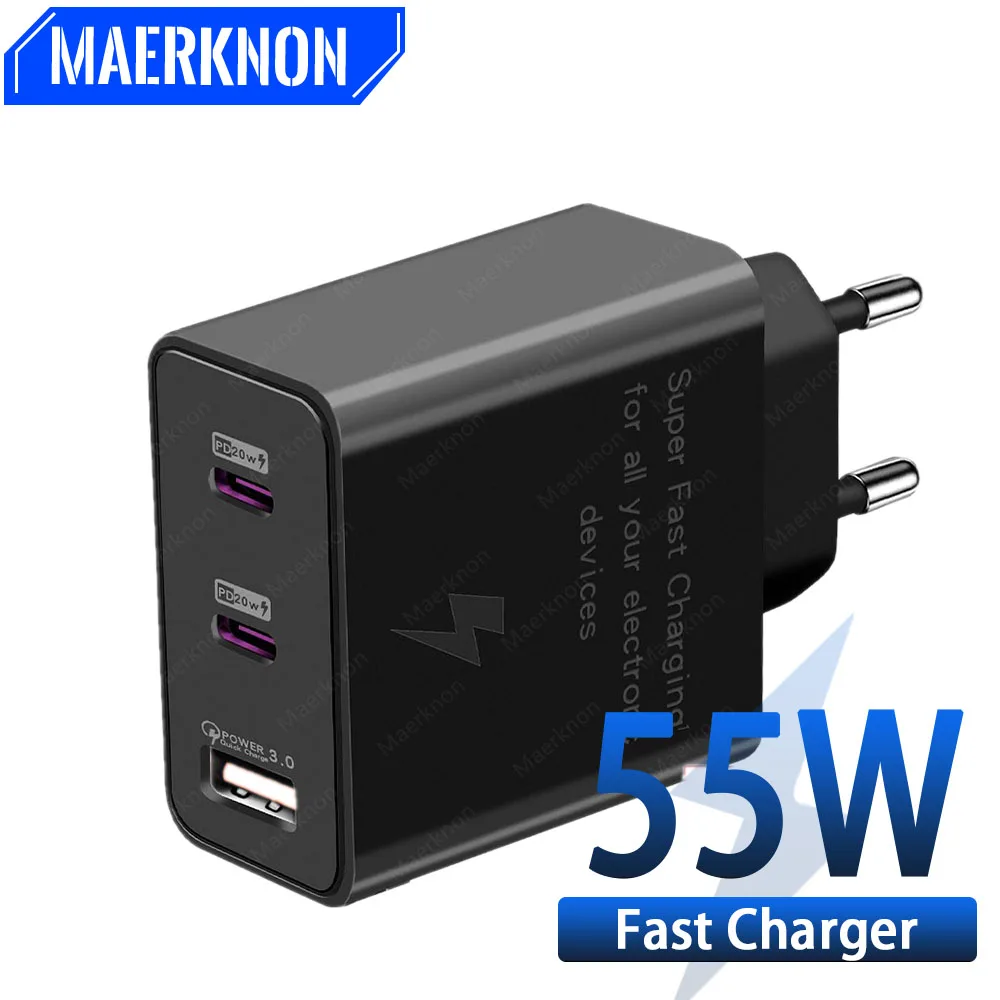 

55W 3 Ports USB PD Charger Fast Charging Type C Mobile Phone Charger QC 3.0 Power Adapter For iPhone 14 Xiaomi 13 Samsung Huawe