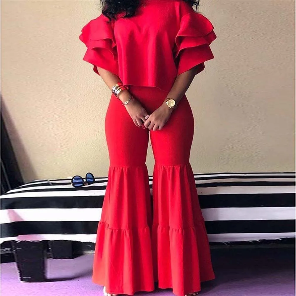 

Комплект из двух предметов, Однотонная рубашка с оборками на рукавах и расклешенные брюки, модная женская одежда для офиса, в африканском ст...