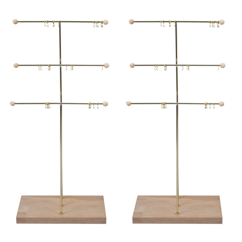 

2X Metal 3 Tier Tabletop Bracelet Necklace Jewelry Necklace Organizer Display Tree Jewelry Holder Wood Color