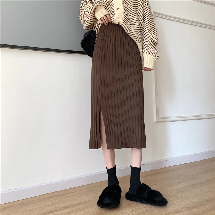 

Knitted Split Long Pleated Skirt Women Autumn Winter High Waist Elastic Bud One Step Knitted Skirt Coffee Black Solid I188