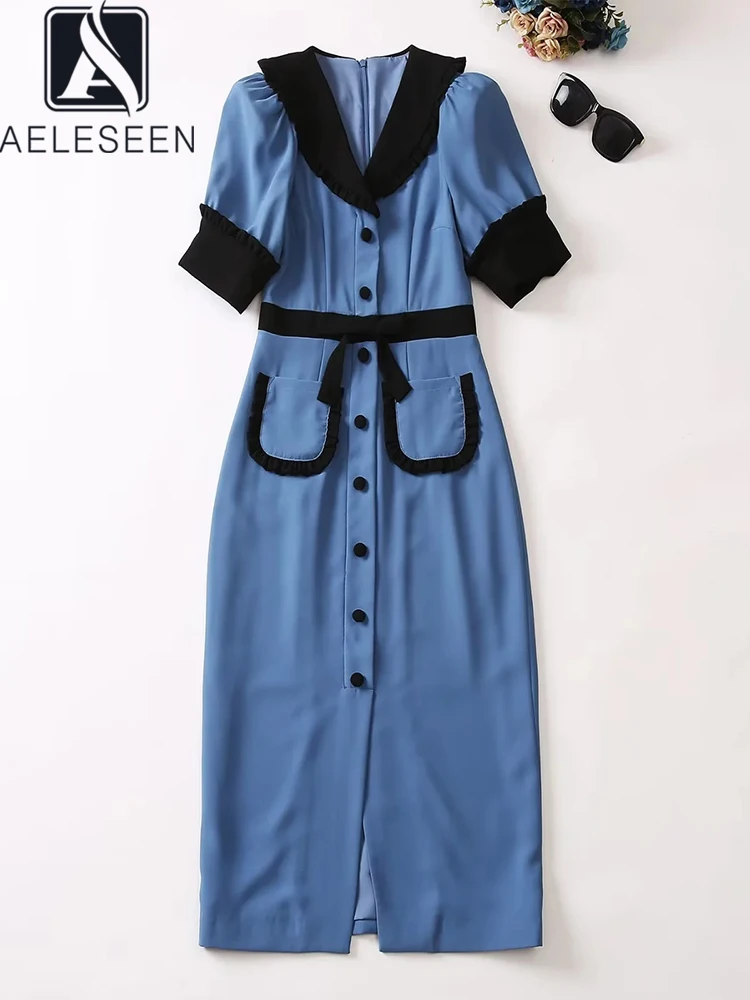 AELESEEN Women Summer Blue Dress Turn-down Collar Lantern Sleeve Single-breasted Packet Slim Elegant OL Party