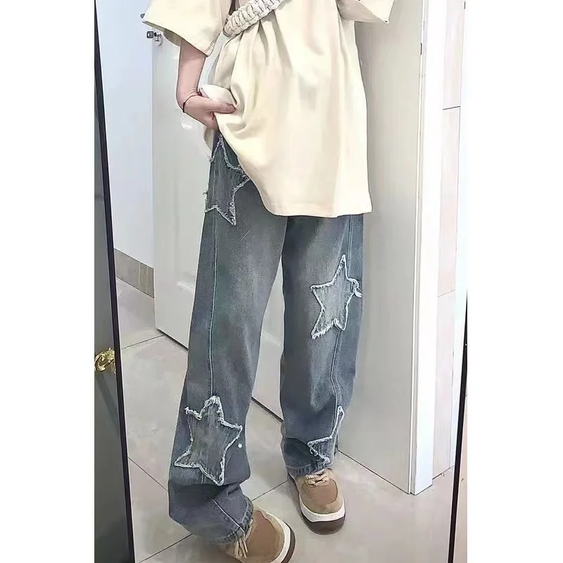 

Женские уличные брюки в стиле эмо Y2K, прямые брюки большого размера со звездами, мешковатые джинсы, волшебные гранж джинсовые брюки в стиле хип-хоп, корейская ткань, 2023