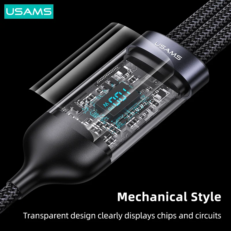 USAMS U83 100W 3 In 1 Digital Display Cable PD QC Fast Charge Type C Cable For iPhone 14 Pro Max 13 12 11 Xiaomi Huawei Samsung