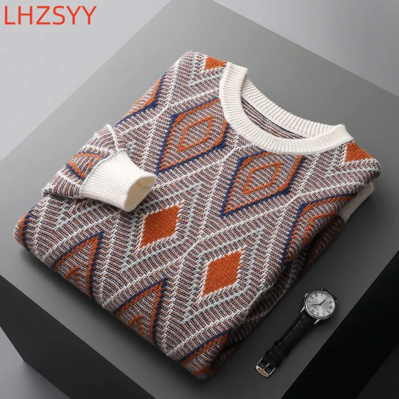 LHZSYY Men's 100%Pure Wool Cashmere Sweater Autumn Winter New Thicken Pullovers Color-Block Youth Knit Sweater Large Size Shirts