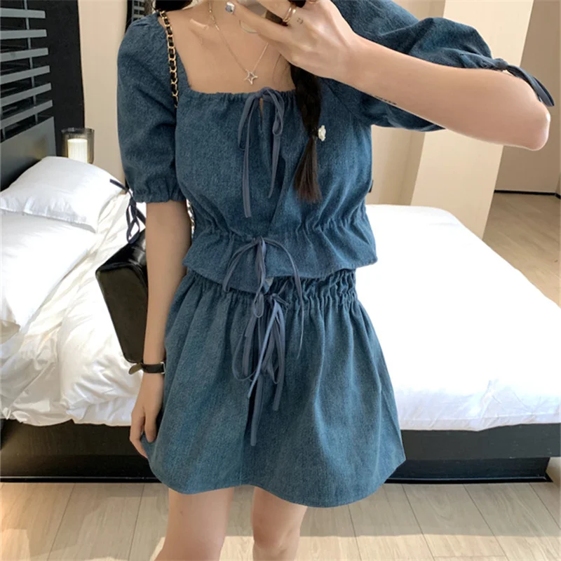 

Hsa/хит 2023, джинсовый костюм для девочек, женский летний укороченный топ со шнуровкой и оборками, мини-юбки, облегающая бедра мини-юбка, модные комплекты из двух предметов