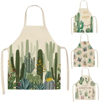 cactus pattern kitchen apron for woman sleeveless linen cotton aprons home cooking baking bibs cleaning tools
