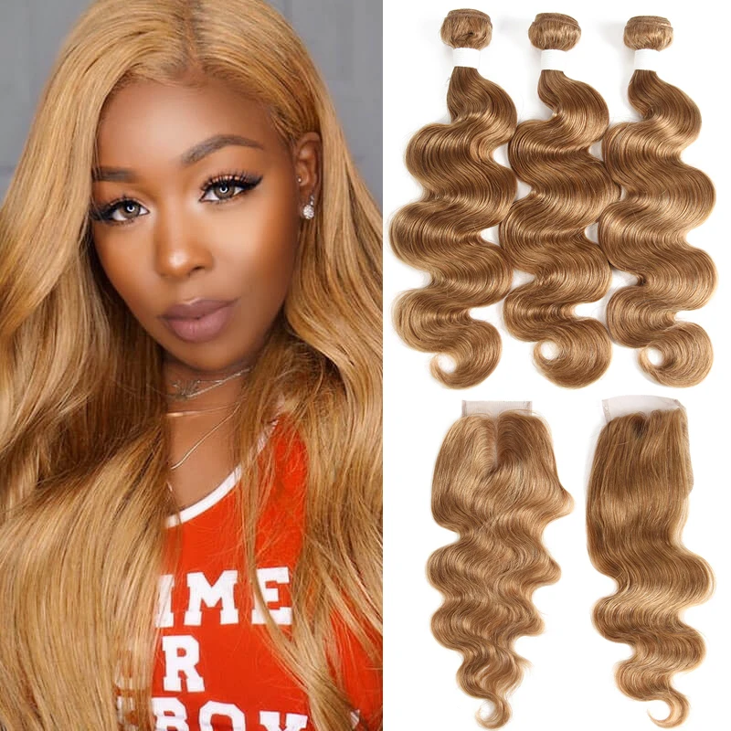 Brazilian Body Wave Bundles With Closure 27 Honey Blonde Hair Weave Bundles With Closure 4X4 Brazilian Remy Hair 3PCS KEMY HAIR