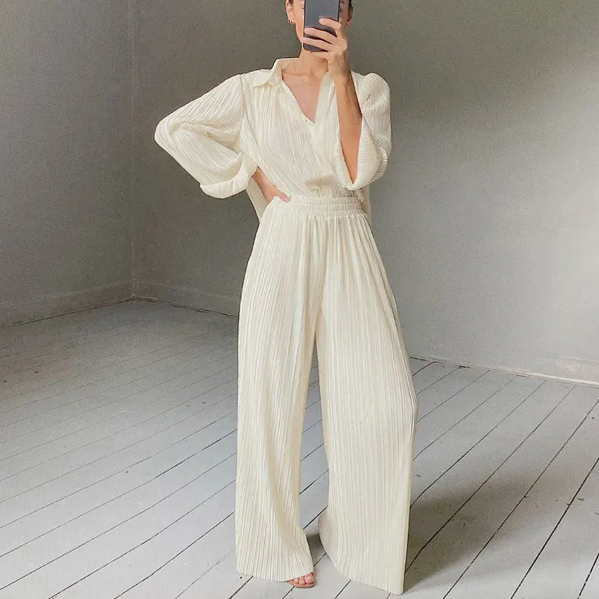 

2022 Women Two Pieces Pleated Design Tops High Waist Wide Leg Pants Women Clothes And Pants Suit Spring Women's Tracksuits