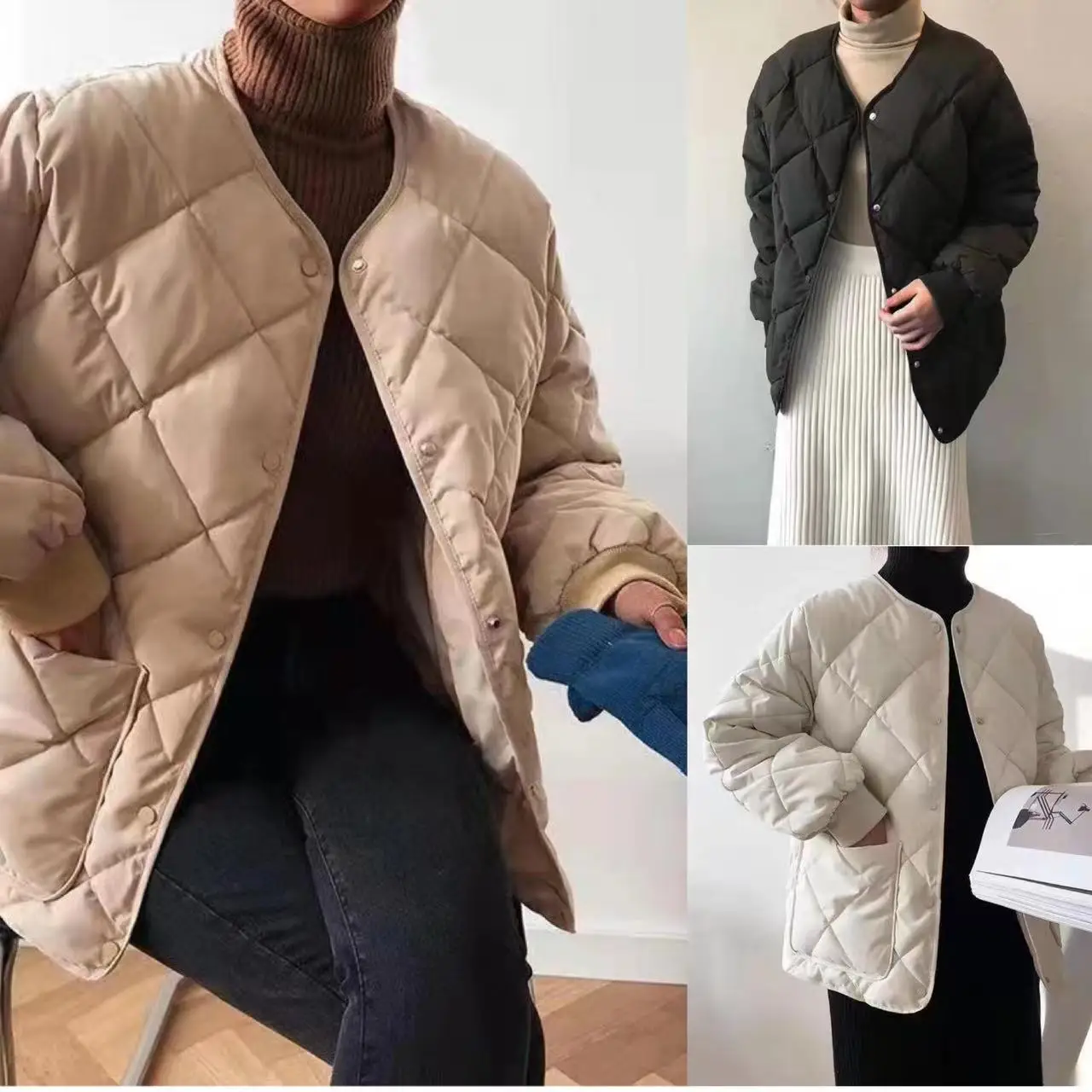 

Women's padded jacket round neck padded bread coat loose solid color rhombic cotton coat