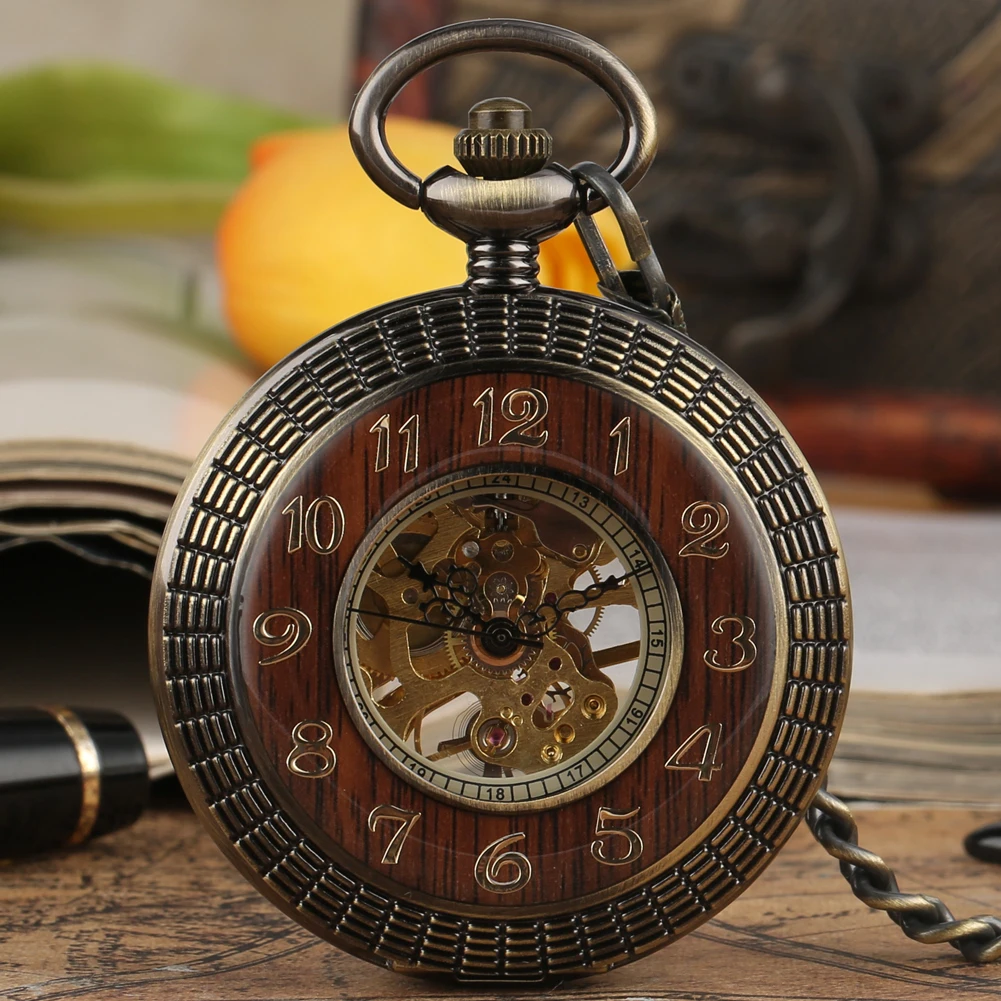 Luxury Red Wood Bronze Mechanical Hand-Wind Pocket Watch Roman Numerals Display Vintage Skeleton Manual Pocket Timepiece Male