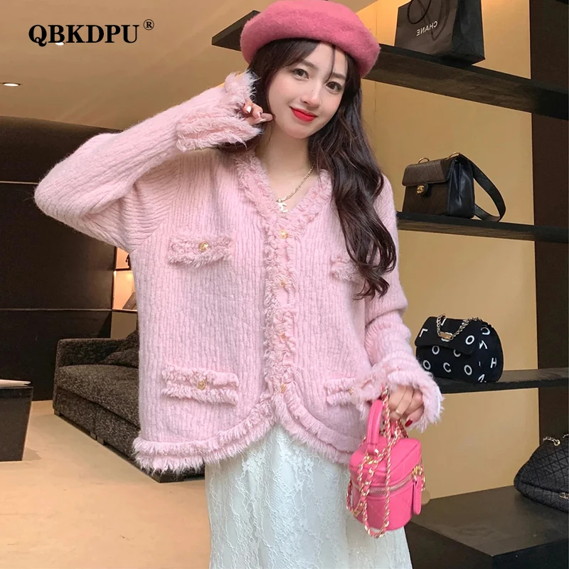 

Женский Укороченный трикотажный кардиган с бахромой, милый свитер с V-образным вырезом, свободный однобортный джемпер в Корейском стиле, 2022