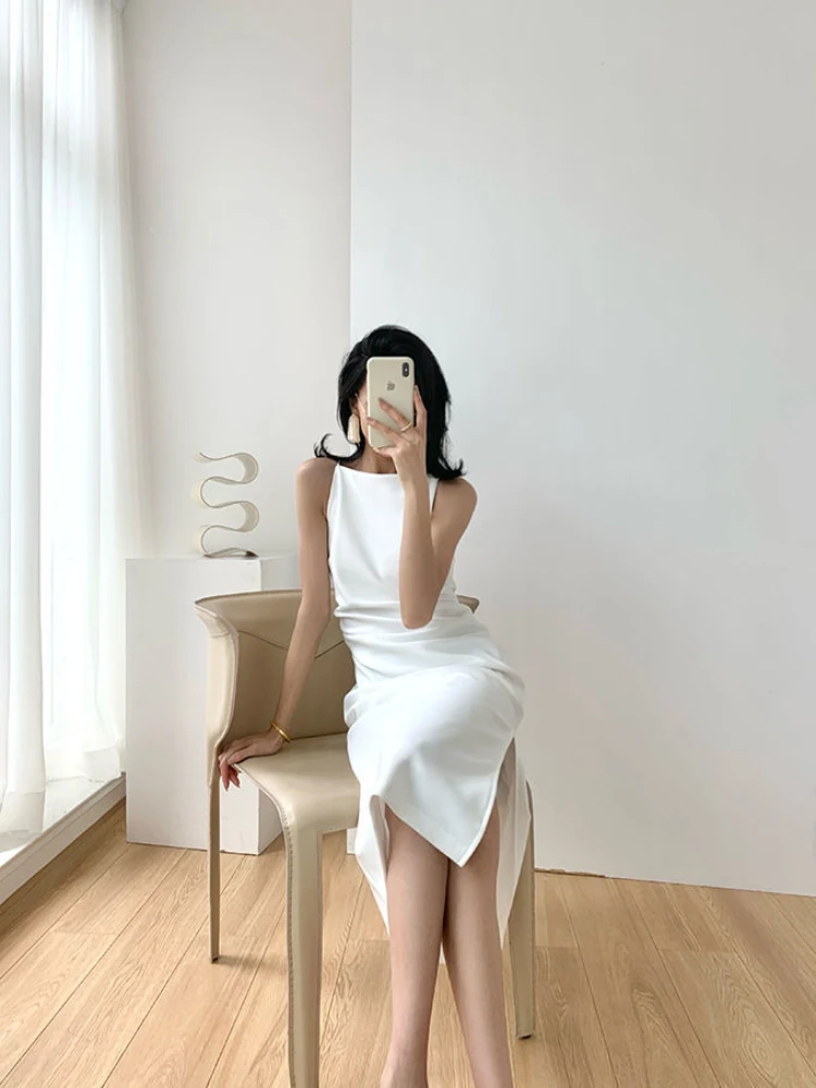 

Advanced Design Hepburn Sleeveless Dress Off Shoulder French Style Suspender Red Long Skirt Female Maxi Dresses for Women