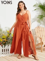 yoins elegant long jumpsuits 2022 summer women sleeveless slit sexy rompers casual loose solid belted v neck party playsuits