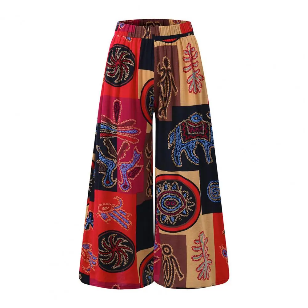 Ethnic Style Pants Mid-rise Pockets Women Pants Retro Floral Printed Wide Leg Trousers