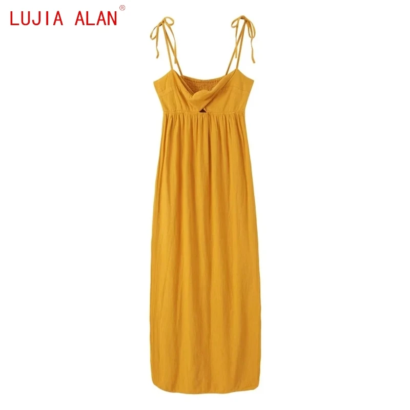 

Autumn New Women's Twist Knot Design Linen Blend Sling Midi Dress Female Casual Sleeveless Vestidos LUJIA ALAN WD3278