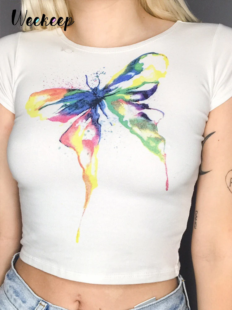 

Weekeep Chic Butterfly Print Crop Top Women Skinny Short Sleeve Knitted T Shirt Y2k Aesthetic Casual Streetwear Lady Basic Tees