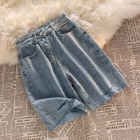 casual ripped denim five point pants korean style womens high waist slim straight wide leg shorts summer trendy blue jean short
