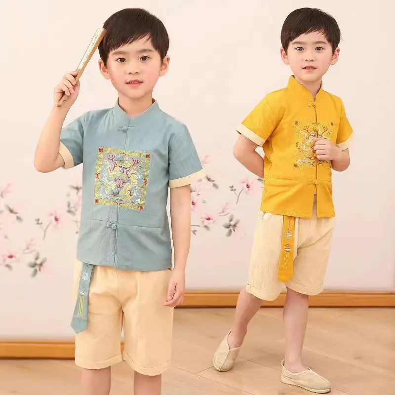 Boys Hanfu Summer Suit Retro Baby Tang Suit Antique Mens Childrens Cotton and Hemp Antique Thin Two-piece Set