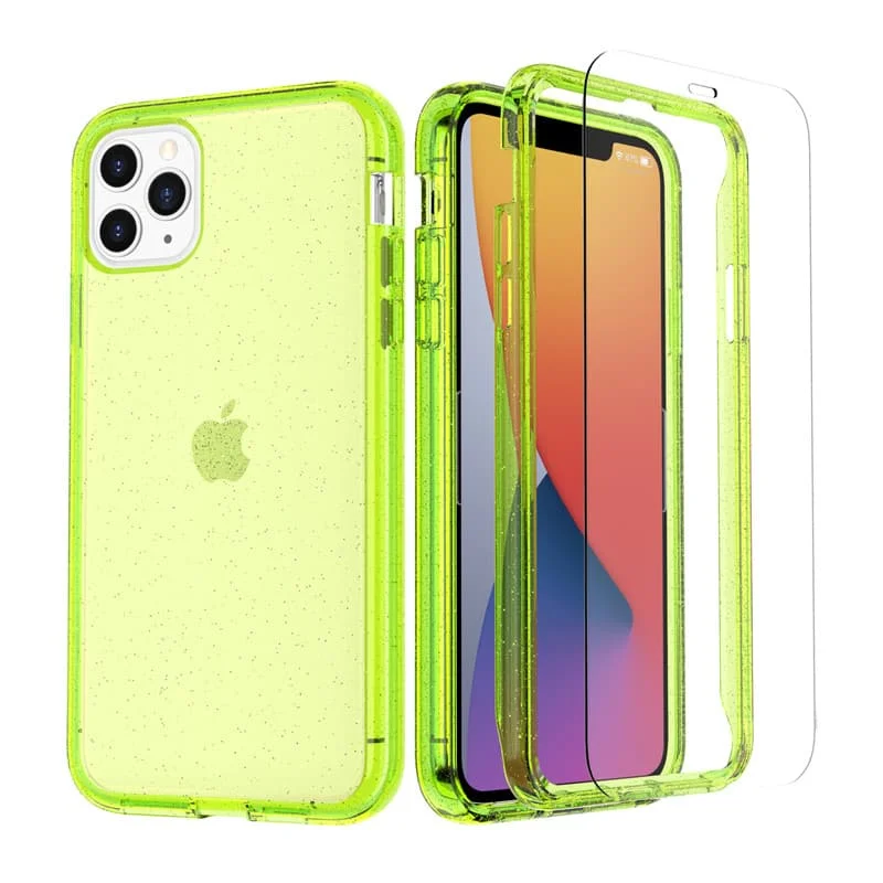 

360 Degree Full Body Protect Case for IPhone Xr X Xs 11 12 Pro Max 8 7 Plus SE Case Clear Glitter Pattern with 2 Tempered Glass