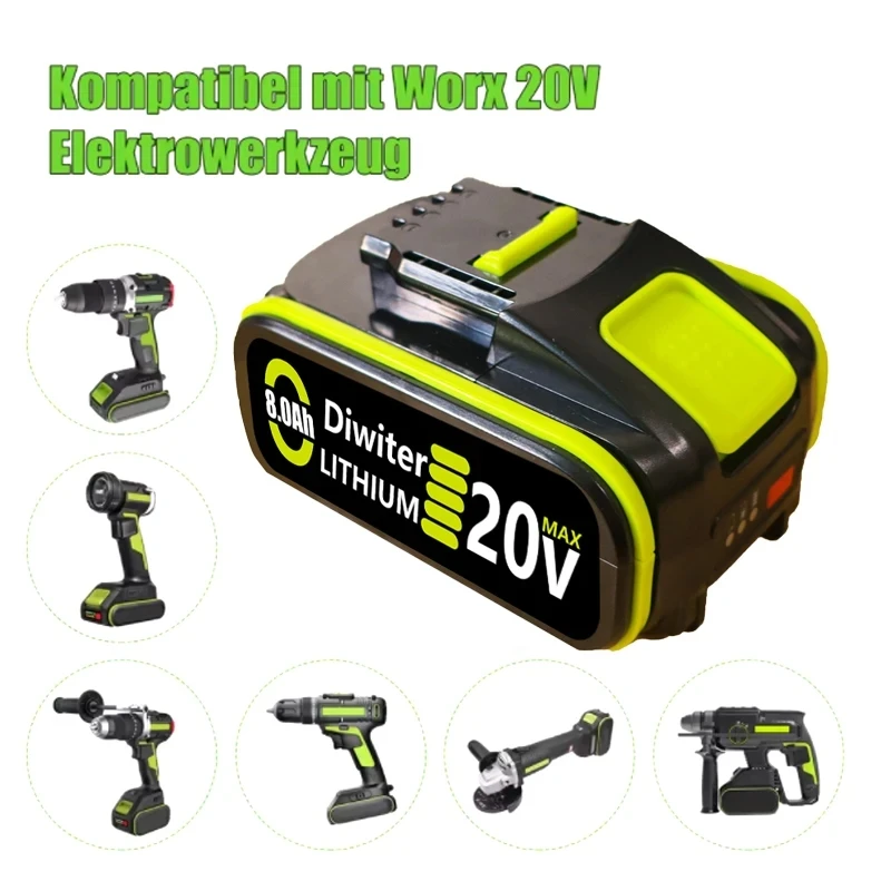 Сменный аккумулятор WORX 20V, совместимый с WA3551, WG630, WG629, WX372 и т.д. Зеленый аккумулятор для электроинструментов с 4-контактным разъемом. (art.: 3920da9193abc) - 3920da9193abc