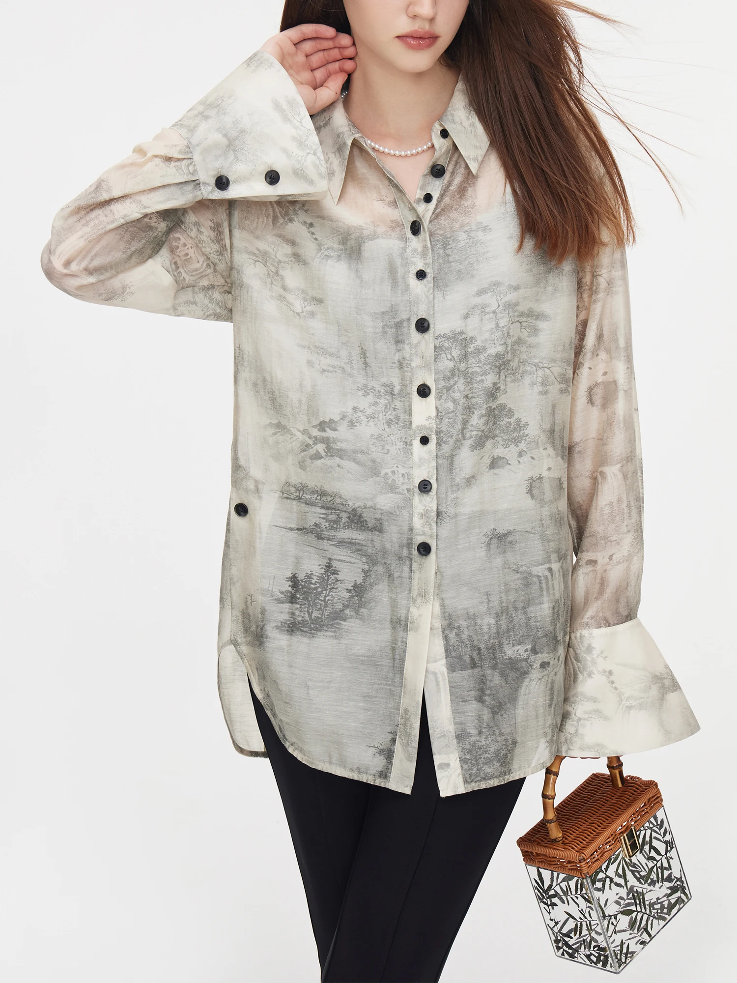 Женская Офисная рубашка FSLE с китайским чернильным принтом, осенняя ...