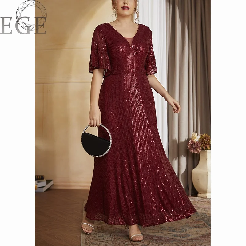 

Plus Size V Neck Wine Red Plus Size Sequin Dress 5XL 6XL Custom Dress luxury Maxi Party Elegant Dress Big Size Women Dreeses
