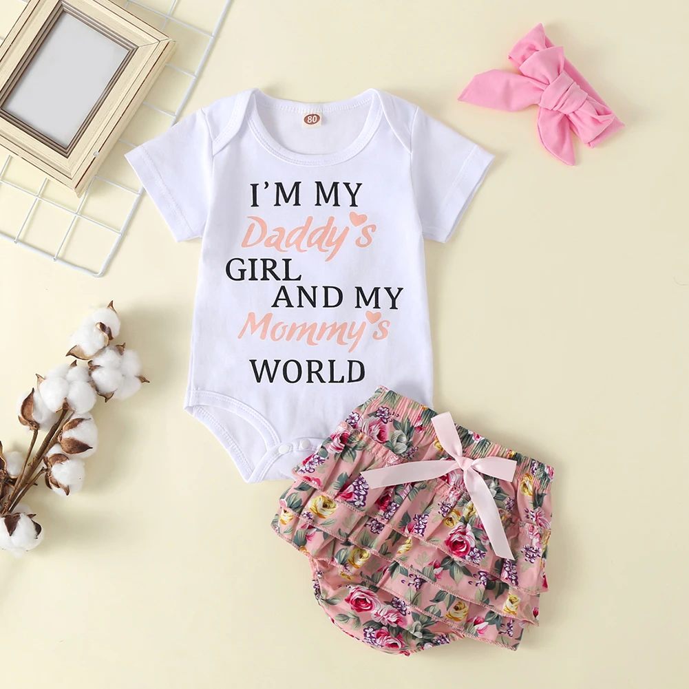 

3 шт., детский хлопковый комбинезон с коротким рукавом и цветочным принтом