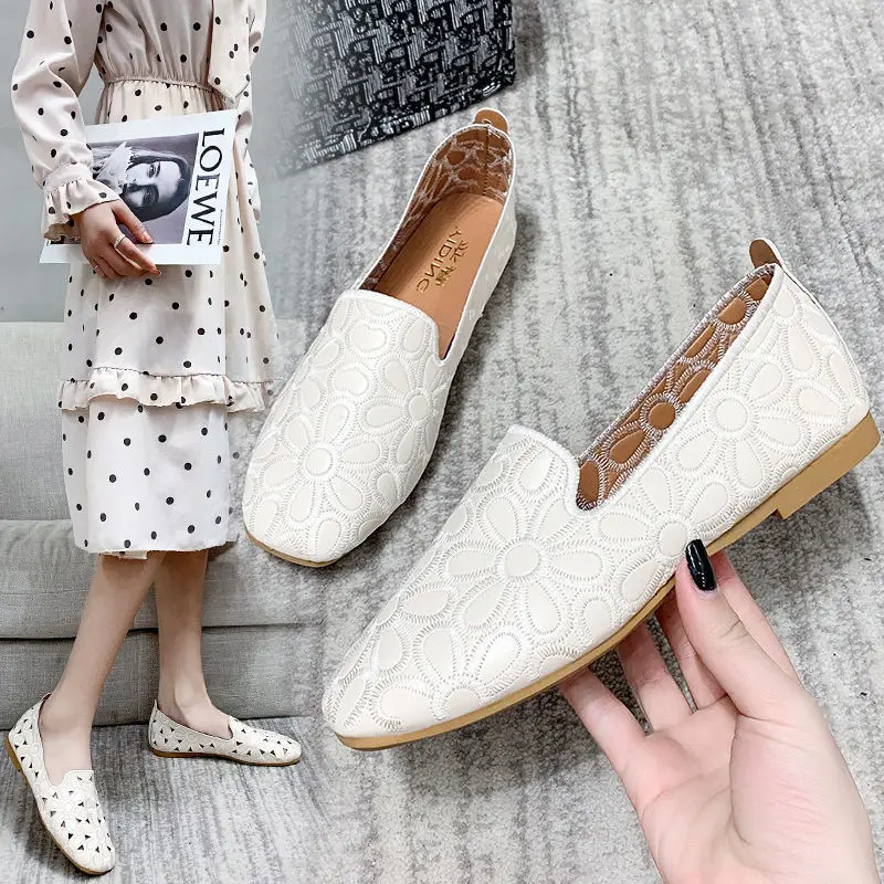Breathable Flat Shoes Women Summer 2023 New Arrival Flat Shoes Natural Leather Woman Leather Moccasins Mom Shoes Women Sneaker