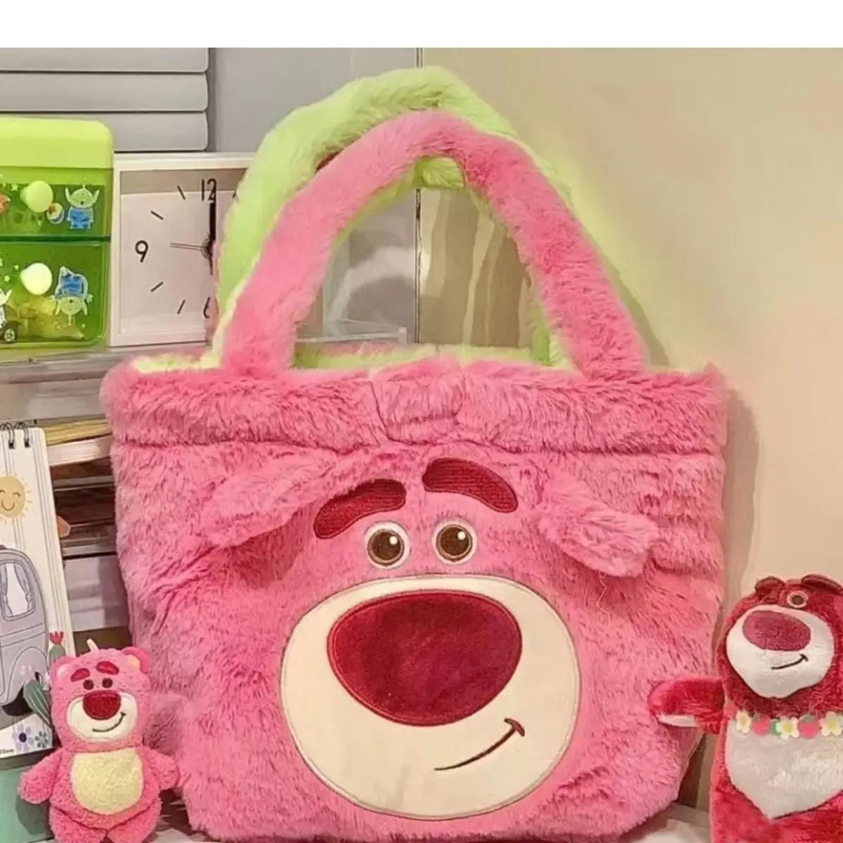 Disney Strawberry Bear Three Eyes Double Bread New Plush Bag Cute Cartoon Work Tote Bag Large Capacity Shoulder Bag