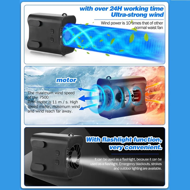 Портативный вентилятор с зажимом для талии/вентилятор ожерелья 12000 мАч более 24