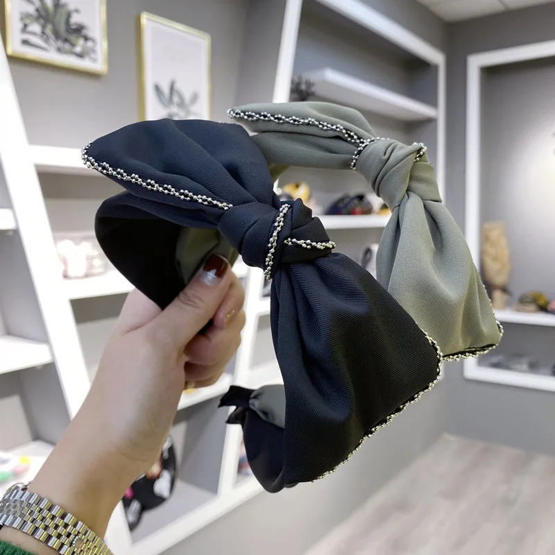 

Solid Big Bow Headband with Beads Women Korean Chic Hair Ornament Wide Bowknot Hairband Spring Dress Match Hair Bow Headband