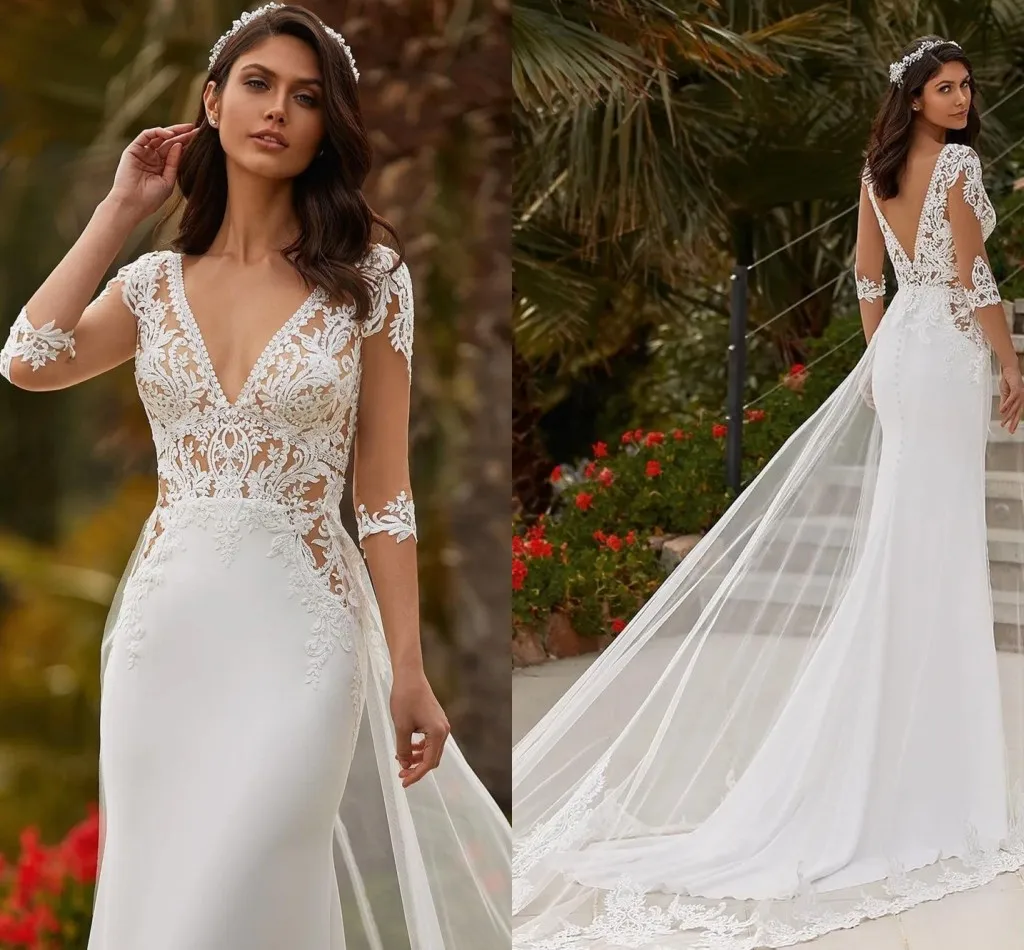 

Bohemian Mermaid Wedding Dresses 2021 Detachable Train 3/4 Sleeve Lace Appliques Charming Custom Made Robe De Mariee Customize