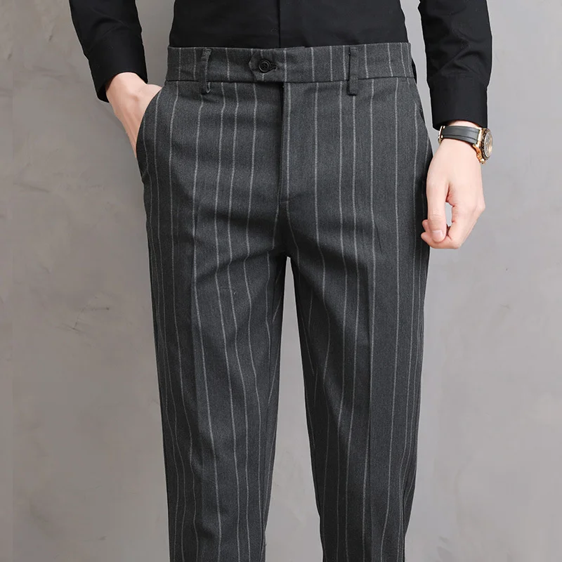 

Summer Thin Striped Suit Pants Men Slim Gray Black Dress Pants Business Formal Trousers for Male 2022 Korea Style Clothing