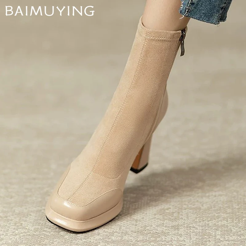 Женские ботильоны на высоком каблуке замшевые элегантные туфли с квадратным