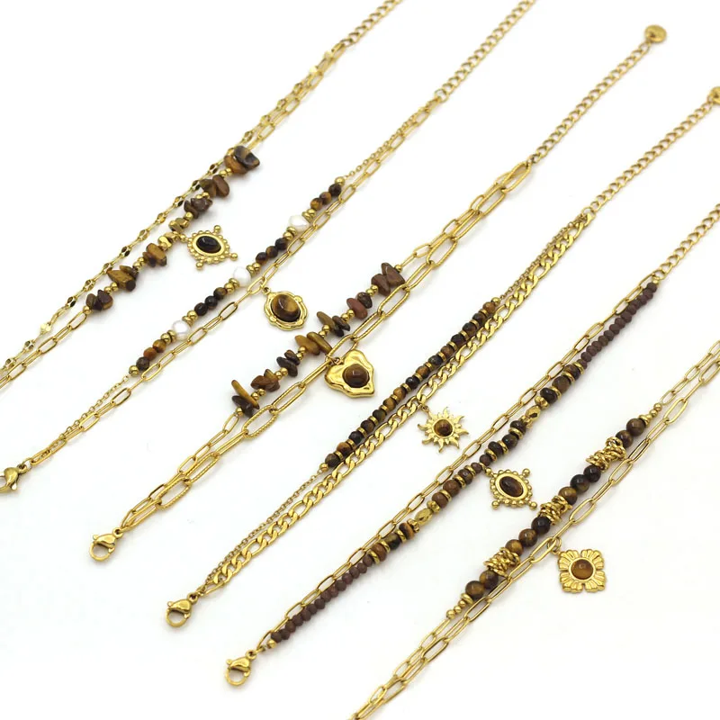 Позолоченный браслет из нержавеющей стали с тигровым камнем для женщин