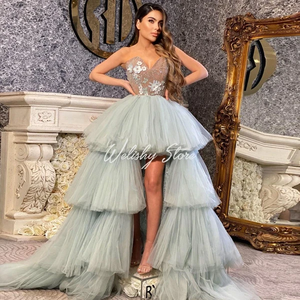 

Pretty Straples Sweetheart Long Tulle Dresses A Line Hi Low Tiered Ruffled Tulle Dress Floral Appliques Beads Prom Gowns Vestiti
