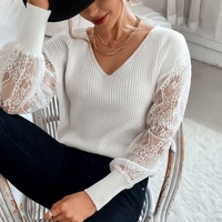 ladies elegant stitching long sleeved lace hollow stitching sweater pullover white v neck knitted bottoming shirt women clothes