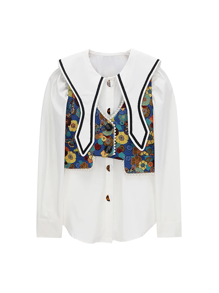 

Женский винтажный Костюм-двойка, белая блузка с длинным рукавом и жилет с цветочной вышивкой, роскошный костюм во французском стиле на осень