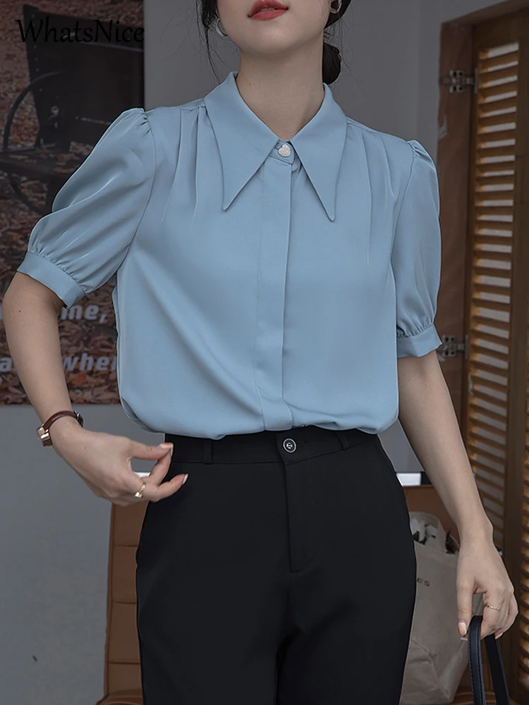 

New Korean Fashion Women Shirts Blouse Casual Office Ladies Tops Female OL Girls Chiffon Fold Button Up Shirt Dropshipping