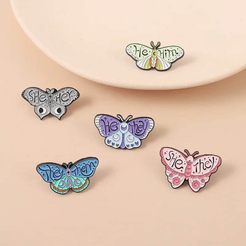 

Sweet Butterfly Brooches Pins for Backpack Clothes Letter SHE HER HE HIM THEY THEM Enamel Badges Lapel Pins Insect Jewelry Gifts