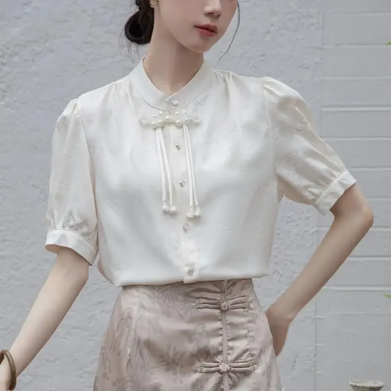 Винтажная жаккардовая рубашка с воротником-стойкой в китайском стиле женская