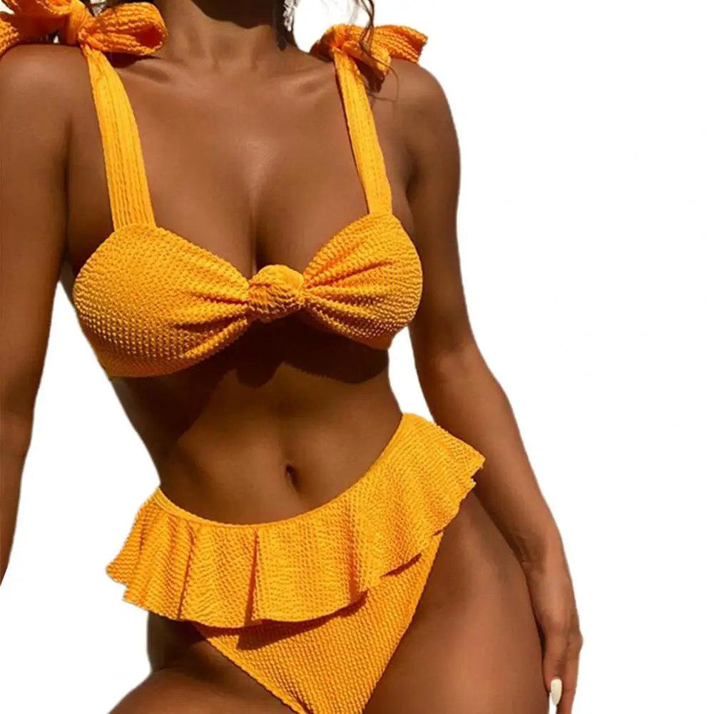 

2 шт./компл. летний комплект бикини, Однотонный женский купальник с открытой спиной и высокой талией, на шнуровке, с оборками, Женская Купальн...