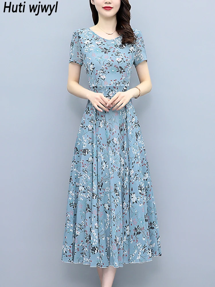

Элегантное женское облегающее платье, модель 2023 года, шикарное платье в Корейском стиле с коротким рукавом для выпускного вечера, летнее шифоновое пляжное длинное платье в стиле бохо с цветочным принтом
