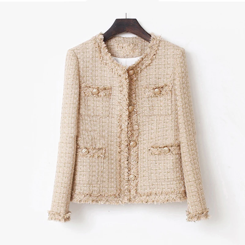 

N GIRLS Khaki tweed jacket female Metal wire fabric temperament of the spring /autumn period and the new winter jacket French