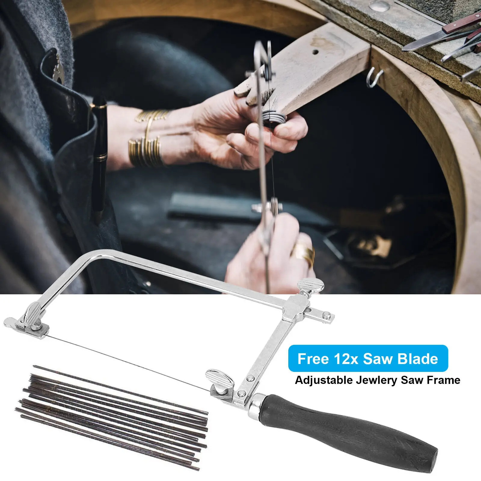 

Портативная пила, лук, ювелирная проволока, резной черный U-образный ручной инструмент с 12 лезвиями для пилы, набор инструментов для обработ...