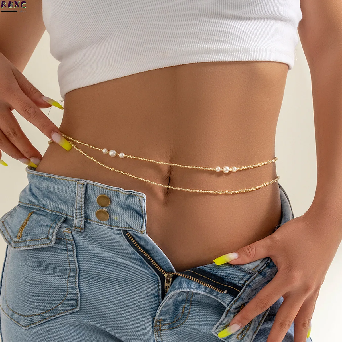 

RBxc Jewelry ethnic style double layered imitation pearl body chain simple rice pearl Spice Girl waist chain