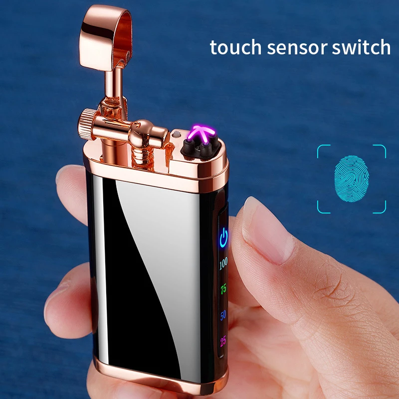 New Metal Double Arc Windproof LED Screen Touch Sensor USB Charging Portable Lighter Cigarette Accessories Men's Gift
